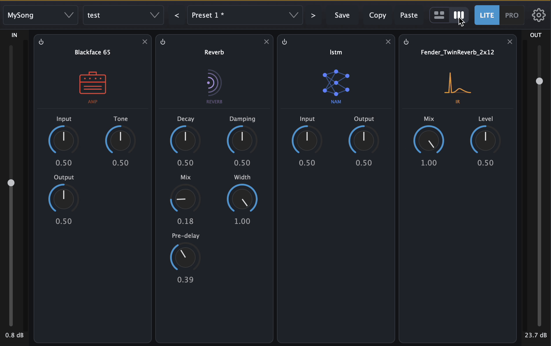 Twin-GTR Rack layout — every knob of every slot in one view